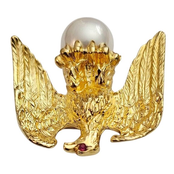 Ann Hand Vermeil Sterling Eagle Brooch, Faux Pearl Pin, Signed - Picture 3 of 11